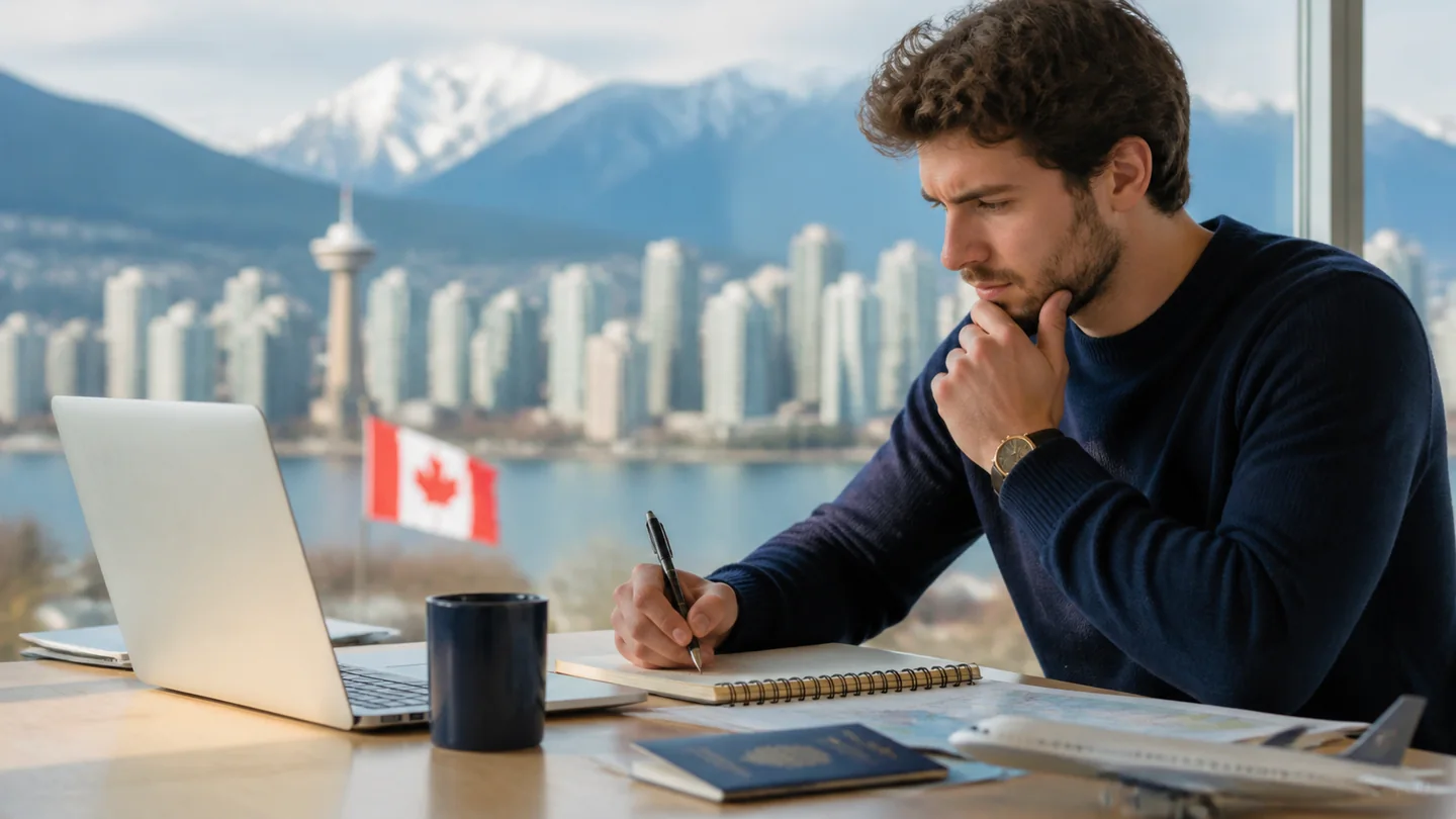 Viajante definindo o objetivo e o planejamento de uma viagem ao Canadá