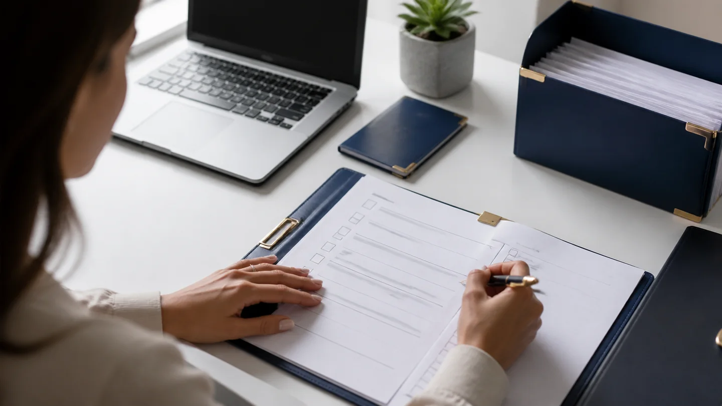 Pessoa organizando documentos e checklist antes de uma consultoria de visto
