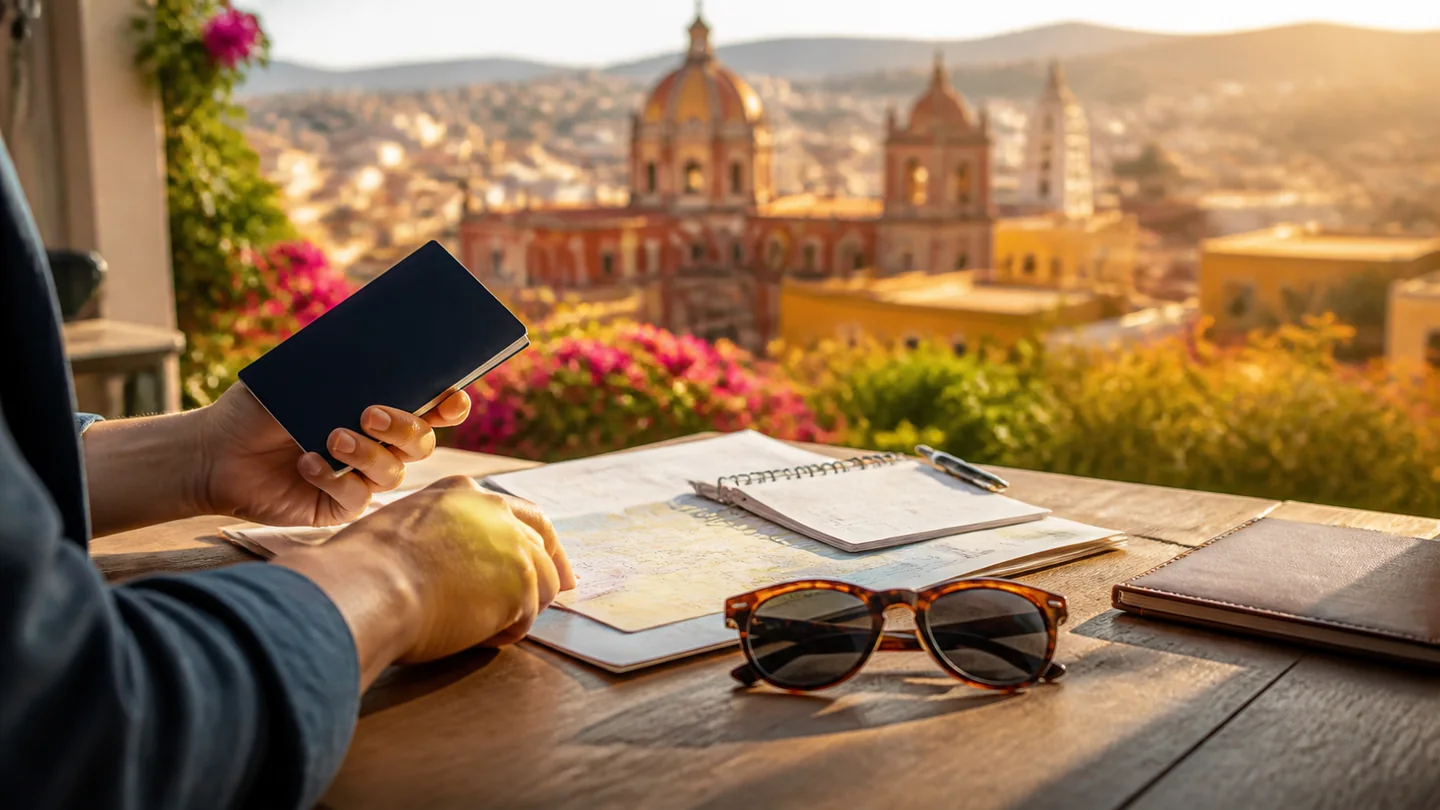 Viajante organizando documentos e roteiro para uma viagem ao México